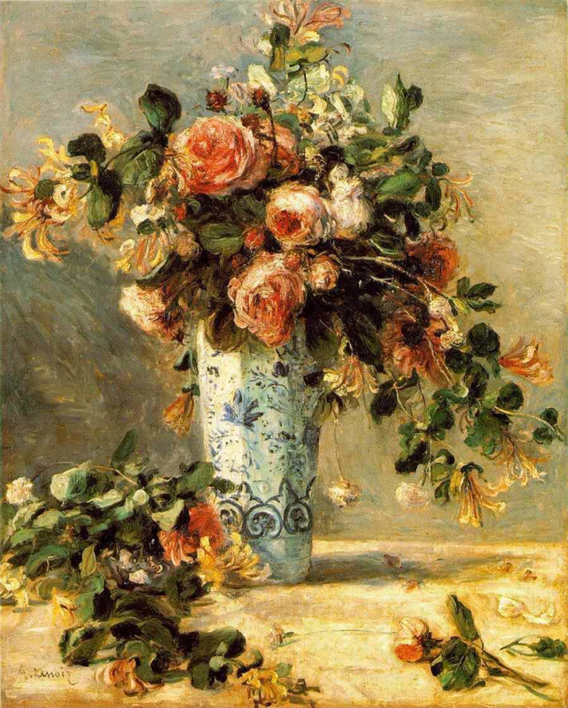 Renoir, Rozen en jasmijn in een Delfts blauwe vaas