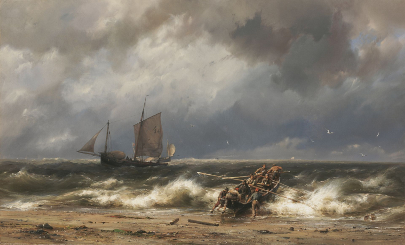 H. Koekkoek, Zeilschepen en sloep onder de kust bij storm