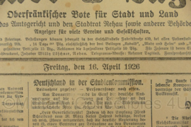 Duitse krant Rehauer Tagblatt Oberfrankischer Bote 16 april 1926 - 47 x 32 cm - origineel
