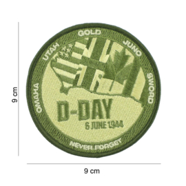 Embleem stof D-Day 6 June 1944  - OMAHA UTAH GOLD JUNO SWORD  Never Forget - 9 cm. diameter - GREEN