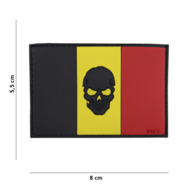 Embleem PVC 3D PVC  met klittenband - Vlag Belgie met zwarte skull er in - 8 x 5,5 cm.