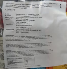 1 doos met 8 zakken Nederlandse leger 24uurs rantsoenen Maaltijd zak 24 Hour Operationeel Rantsoen Droog + OL + Energie module + Koudweer Module - 8 verschillende menu's! - +/- 5900 kcal - met 3 diner maaltijden! - Best Before November 2025