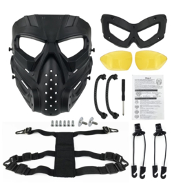 Airsoft masker met helmbevestiging en hoofdbevestiging - BLACK met heldere glazen