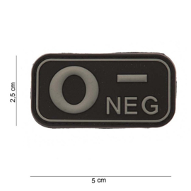 Embleem Bloedgroep O- Negatief - GRIJS / ZWART- Klittenband - 3D PVC - 5 x 2,5 cm.