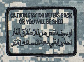 US Army Foliage patch - Caution stay 100 meters  back - met klittenband - voor ACU camo uniform - 9 x 6 cm - origineel