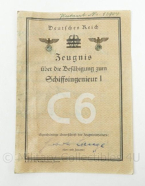 WO2 Duits bekwaamheidscertificaat scheepsingenieur 1945 Zeugnis Schiffsingenieur I  - 15 x 10½ cm - origineel