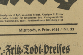 WO2 Duitse krant Frankische Tageszeitung nr. 33 9 februari 1944 - 47 x 32 cm - origineel