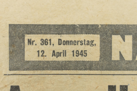 WO2 De Nachrichten krantje 12 april 1945 uitgeworpen door de Geallieerde luchtmacht boven bezet Duits grondgebied - origineel