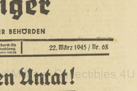 WO2 Duitse krant Nordbayerische Zeitung Furhter Anzeiger nr. 68 22 maart 1945 - 47 x 32 cm - origineel