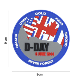 Embleem 3D PVC - met klittenband - D-Day 6 June 1944 Never Forget - 9 cm. diameter