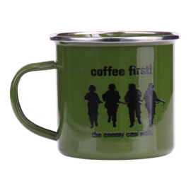 Emaille Mok Emaille beker - Coffee First! - The Enemy can Wait.