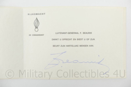 Belgische Rijkswacht bedankkaartje ondertekend door Luitenant-Generaal F. Beaurir - 15 x 10½ cm - origineel
