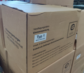 1 doos met 6 stuks. Bundeswehr EPA Einmannpackung rantsoenen 24 uur Verpflegungspaket in doosje MHT 28-2-2025