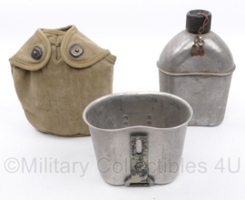 WO2 US Army veldfles set - RVS fles uit 1943, RVS beker en khaki hoes - origineel