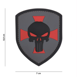 Embleem 3D PVC met klittenband - Punisher op schild grijs - 8,8 x 7 cm.