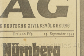 WO2 Duitse krant Bayerischer Tag 15 september 1945 - 47 x 32 cm - origineel