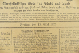 Duitse krant Rehauer Tagblatt Oberfrankischer Bote 43 jahrgang nr. 111 13 mei 1926 - 47 x 32 cm - origineel