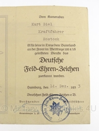 Oorkonde  Deutsche Feld-Ehrenzeichen - Kraftfahrer - origineel WO2 Duits 1933