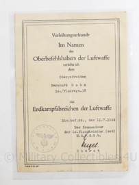 Wo2 Duitse originele oorkonde Erdkampfabzeichen der Luftwaffe 1944 - Zeldzaam - 20 x 14 cm - origineel