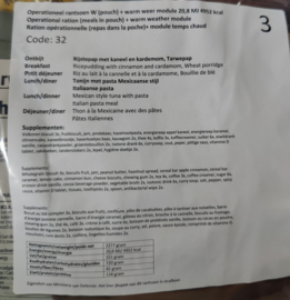 1 doos met 8 zakken Nederlandse leger 24uurs rantsoenen Maaltijd zak 24 Hour Operationeel Rantsoen W(Pouch) + Warm Weer module - 8 verschillende menu's! - +/- 4900 kcal - Best Before December 2026