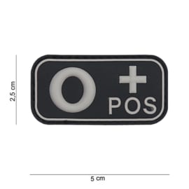 Embleem Bloedgroep O+ positief - GRIJS / ZWART- Klittenband - 3D PVC - 5 x 2,5 cm.