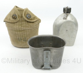 WO2 US Army veldfles set - aluminium fles 1943, RVS beker en khaki hoes - origineel