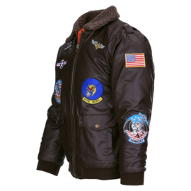 KINDER Flight Jacket met emblemen - bruin PU leer - maat XS t/m XL - nieuw gemaakt