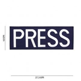 Kleding of tactical vest embleem rugstrook - rechthoekig - PRESS embleem - 27,5 x 10 cm (donkerblauw met wit)