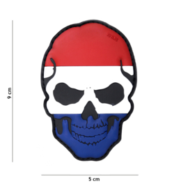 Embleem PVC 3D PVC  met klittenband - Skull met Nederlandse vlag  - 9 x 5 cm.