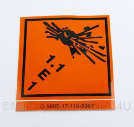 Defensie sticker explosieve stoffen 1.1 E 1 voor op munitiekisten - nieuw - 11 x 10 cm - origineel