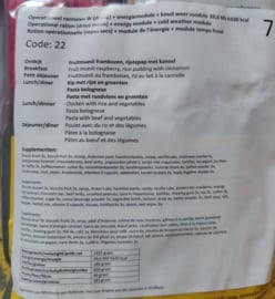 1 doos met 8 zakken Nederlandse leger 24uurs rantsoenen Maaltijd zak 24 Hour Operationeel Rantsoen Droog + OL + Energie module + Koudweer Module - 8 verschillende menu's! - +/- 5900 kcal - met 3 diner maaltijden! - Best Before Februari 2025