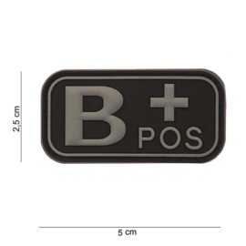 Embleem Bloedgroep B+ positief - GRIJS / ZWART- Klittenband - 3D PVC - 5 x 2,5 cm.