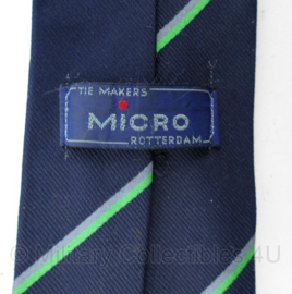 Onbekende Nederlandse stropdas met logo donkerblauw met groen/grijs gestreept - maker Micro - origineel