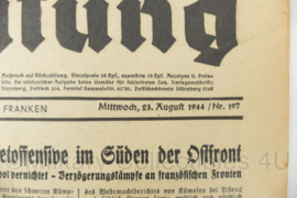 WO2 Duitse krant Frankische Tageszeitung nr. 197 23 augustus 1944 - 47 x 32 cm - origineel