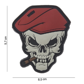 Embleem 3D PVC - met klitteband - Skull met rode baret en sigaar - 9,7 x 8,5  cm