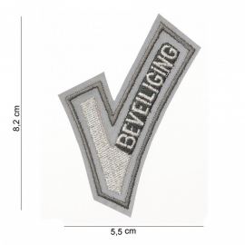 Security Beveiliging "V" insigne stof - 8,2 x 5,5 cm - reflecterend met tekst "Beveiliging"