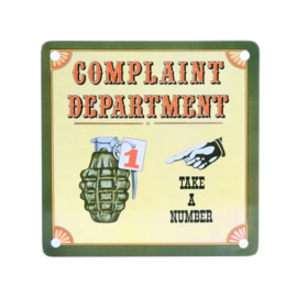 Metalen plaatje Koelkastmagneet Complaint Department - Take a Number - 11,5 x 11,5 cm