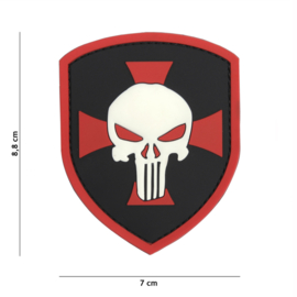 Embleem 3D PVC met klittenband - Punisher op schild Red- 8,8 x 7 cm.