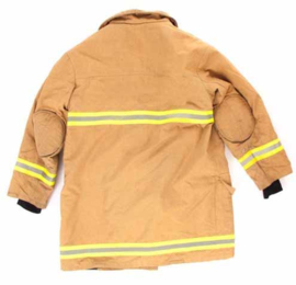 Brandweer jas en broek - US Style bruin met gele reflectoren en snelsluiting - Maat 1 = 158 tm. 176 lengte en 96 tm. 104 borst - origineel