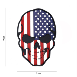 Embleem PVC 3D PVC  met klittenband - Skull met USA  vlag  - 9 x 5 cm.