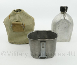 WO2 US Army veldfles set - aluminium fles, RVS beker en khaki hoes - origineel