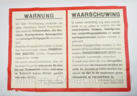 WO2 Duits pamflet Waarschuwing inleveren vuurwapens 99 x 69,5 cm. - origineel