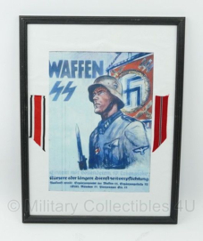 WO2 Duitse Waffen SS Dienstzeitverpflichtung poster met medaille linten in lijst - 42 x 32 cm - replica