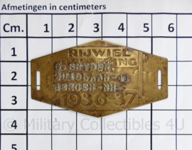 Nederlands fietsplaatje rijwielbelasting  1936 1937 met naam Q.Snyder Zuidlaan 41 Bergen NH - 5 ,5 x 3,5 cm - origineel