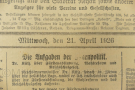 Duitse krant Rehauer Tagblatt Oberfrankischer Bote 43 jahrgang nr. 92 21 april 1926 - 47 x 32 cm - origineel