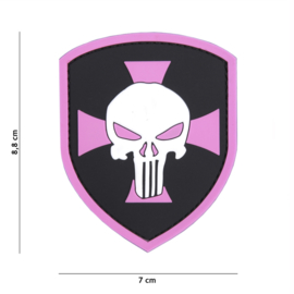 Embleem 3D PVC met klittenband - Punisher op schild Pink - 8,8 x 7 cm.