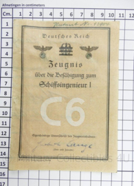 WO2 Duits bekwaamheidscertificaat scheepsingenieur 1945 Zeugnis Schiffsingenieur I  - 15 x 10½ cm - origineel