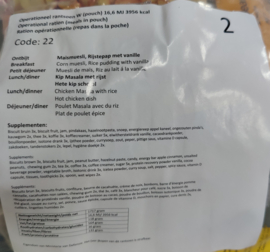 1 doos met 8 zakken Nederlandse leger 24uurs rantsoenen Maaltijd zak 24 Hour Operationeel Rantsoen W (pouch) + OL - 8 verschillende menu's! - +/- 4100 kcal - Best Before februari 2025