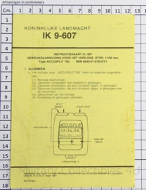 KL Koninklijke Landmacht intructie blad "IK 9 607" gebruiksaanwijzing voor het horloge, stop , type "accusplit 780"- origineel