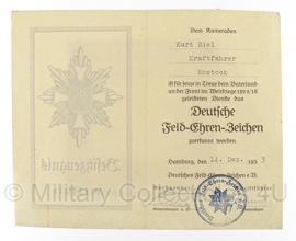 Oorkonde  Deutsche Feld-Ehrenzeichen - Kraftfahrer - origineel WO2 Duits 1933